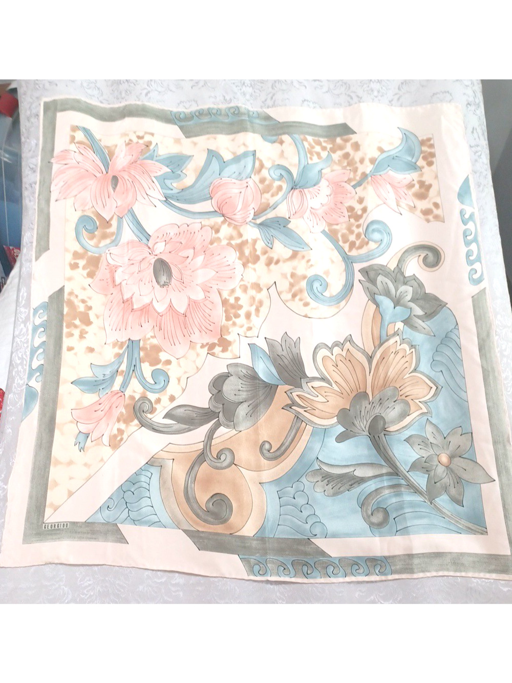 Georgiou 100% Silk Beige Blue Pink Florals 32x34 Head Neck Scarf Rolled Hem
